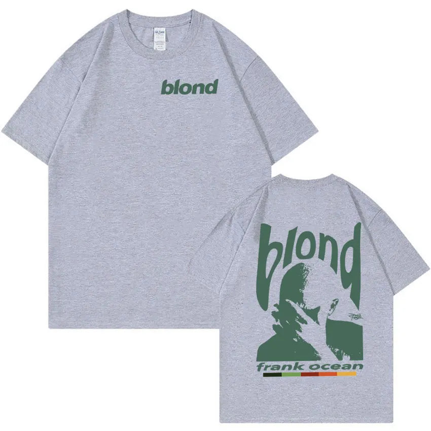 Gray heathered cotton t shirt with green blond logo front and stylized portrait back by rapper frank retro hip hop ocean