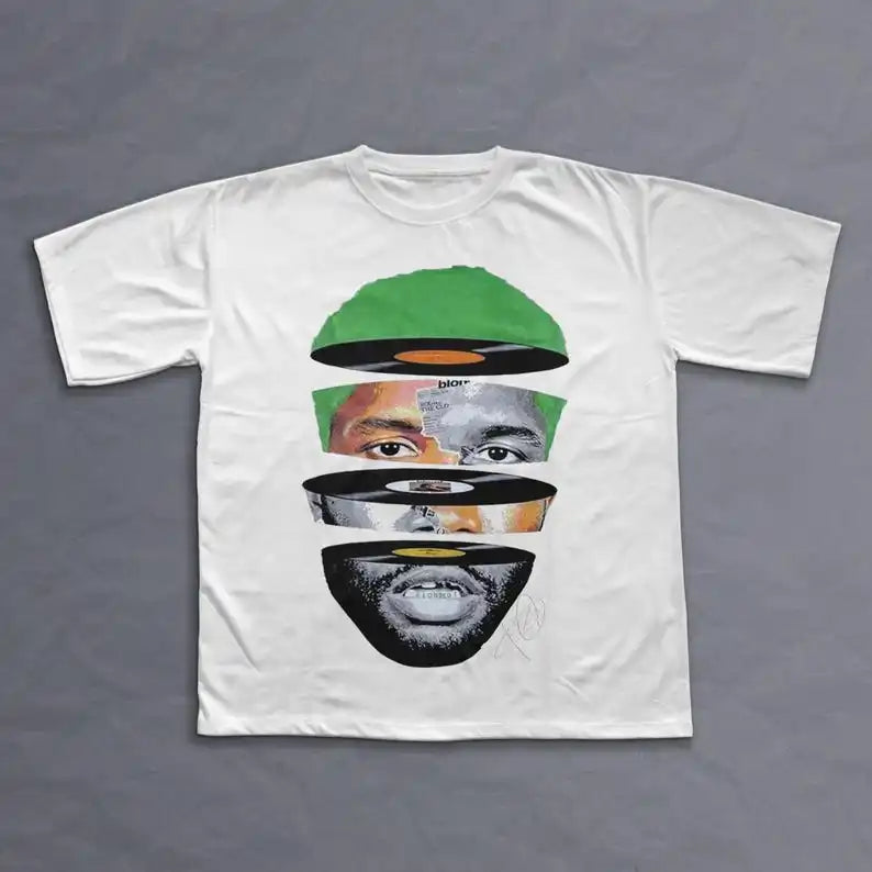 White oversized cotton t-shirt featuring rapper frank retro graphic with vinyl face design y2k unisex blond hip hop ocean style