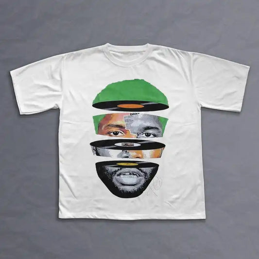 White cotton oversized t-shirt featuring rapper frank retro graphic with vinyl records in green and black y2k unisex blond style