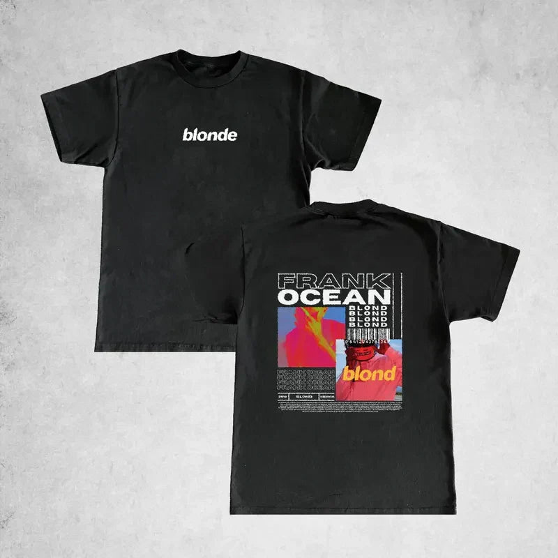 Black cotton oversized t shirt with vibrant frank ocean blonde graphic on back and white blonde text front y2k unisex blond style