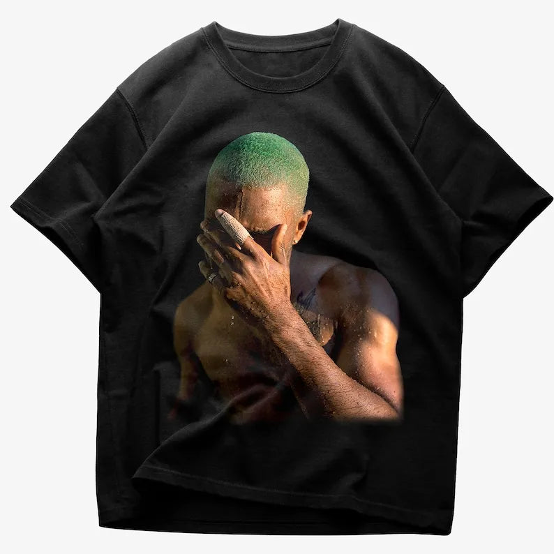 Black short-sleeved cotton t-shirt with rapper frank retro green hair graphic print for y2k unisex blond hip hop ocean style