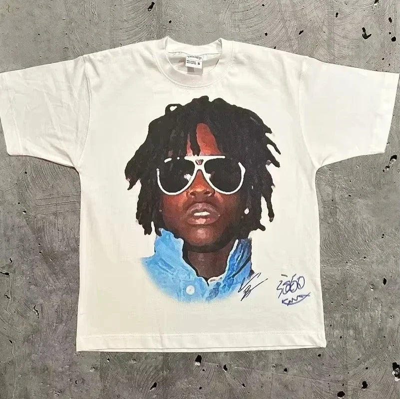 White cotton t-shirt featuring rapper frank retro portrait with dreadlocks and white sunglasses for y2k unisex blond style