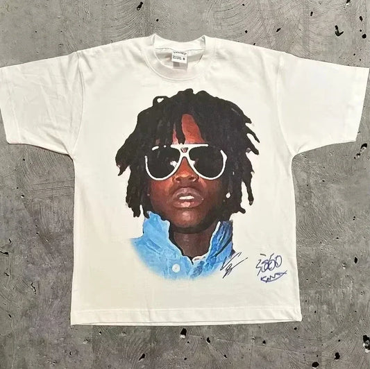 White cotton t-shirt featuring rapper frank retro portrait with dreadlocks and white sunglasses for y2k unisex blond style