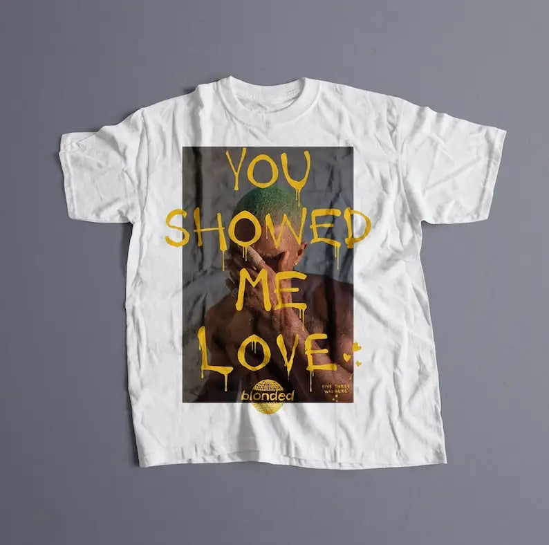 White cotton rapper frank retro graphic t shirt with yellow dripping you showed me love text y2k unisex blond hip hop ocean design