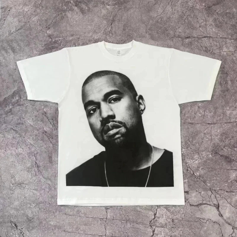 White cotton rapper frank retro graphic t shirt with black and white kanye west portrait y2k unisex blond hip hop ocean style