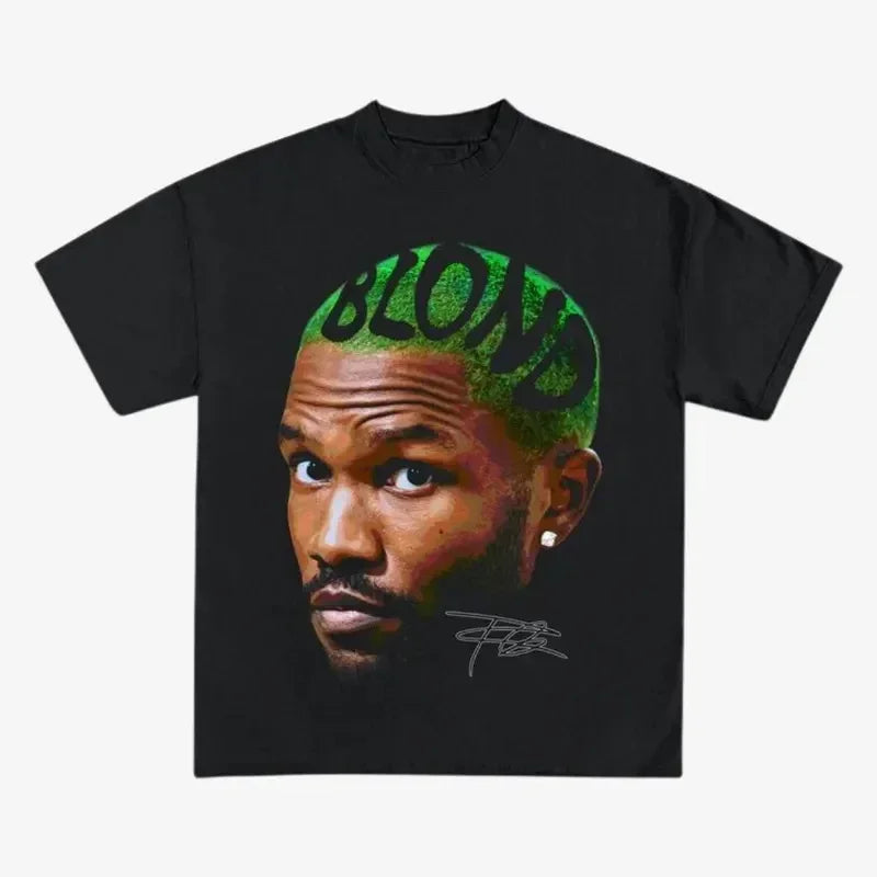 Black short-sleeved cotton t-shirt with vibrant green rapper frank retro graphic and blond fashion oversized hip hop ocean design