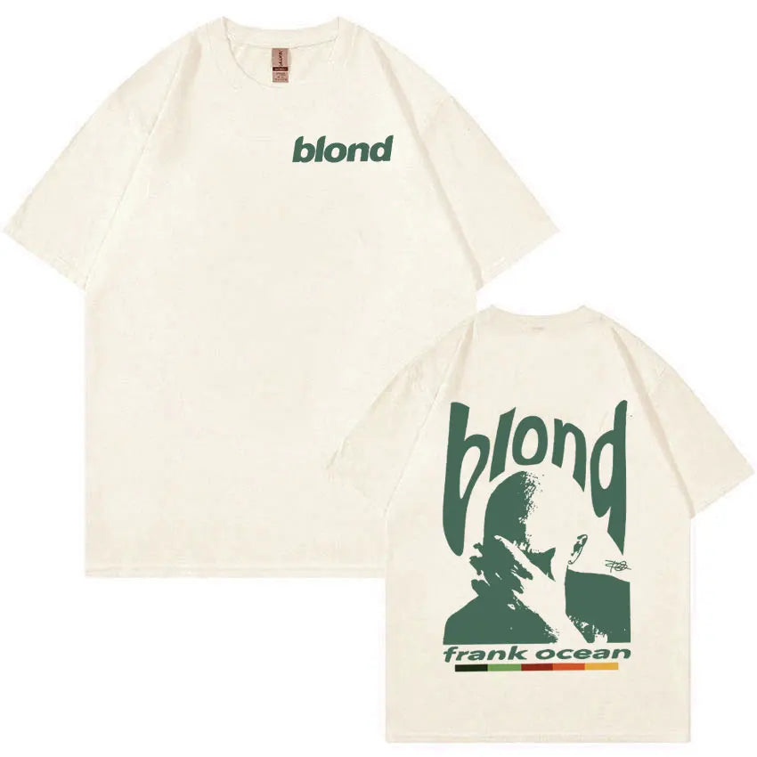 Cream-colored cotton short-sleeved t-shirt with green blond logo front and rapper frank retro graphic back y2k unisex blond hip hop ocean