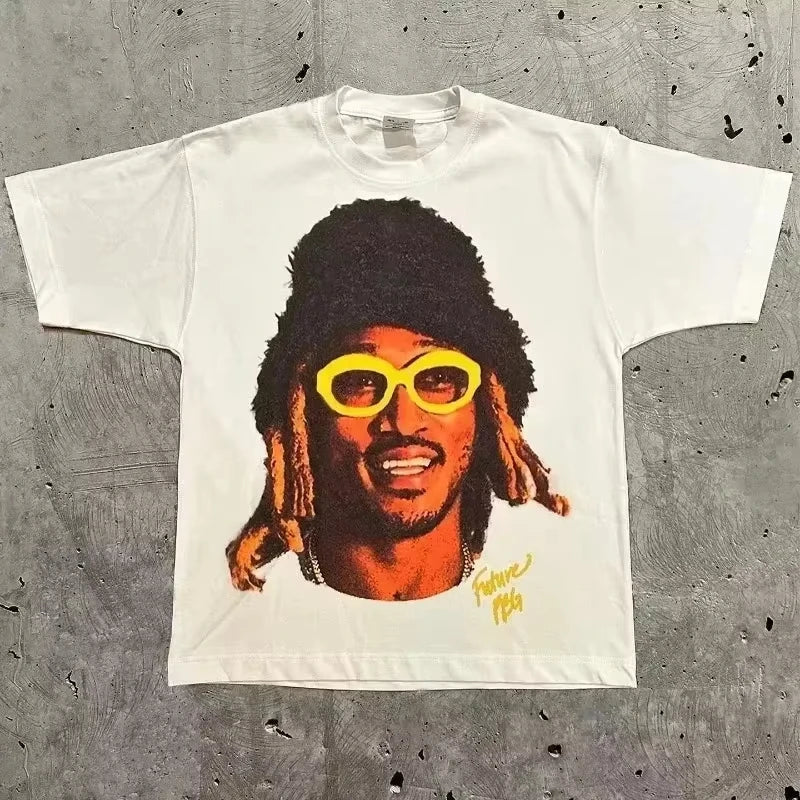 White cotton rapper frank retro graphic t shirt with vibrant dreadlocks man in yellow sunglasses hip hop ocean y2k unisex blond design