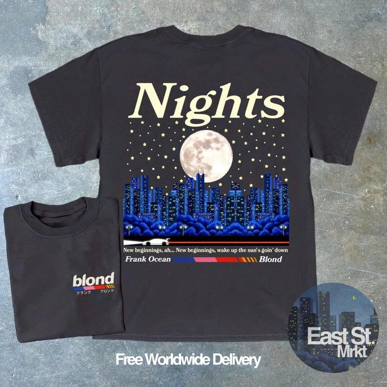 Black oversized cotton t shirt featuring rapper frank retro pixel art cityscape referencing hop ocean album blond y2k unisex blond style