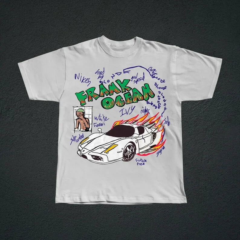 White cotton oversized t-shirt with colorful flaming sports car graphic and rapper frank retro hop ocean album design y2k unisex blond