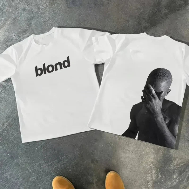 White cotton oversized t shirt featuring bold blond text and hip hop ocean rapper frank retro print for y2k unisex style