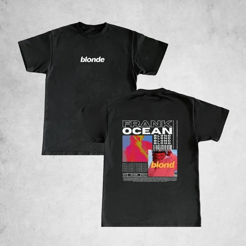 Black oversized cotton t-shirt featuring rapper frank retro hop ocean album blonde graphic on back and blond fashion text front