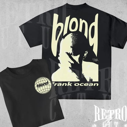 Black cotton oversized t shirt featuring cream graphic of Frank Ocean blond album and circular globe logo front design
