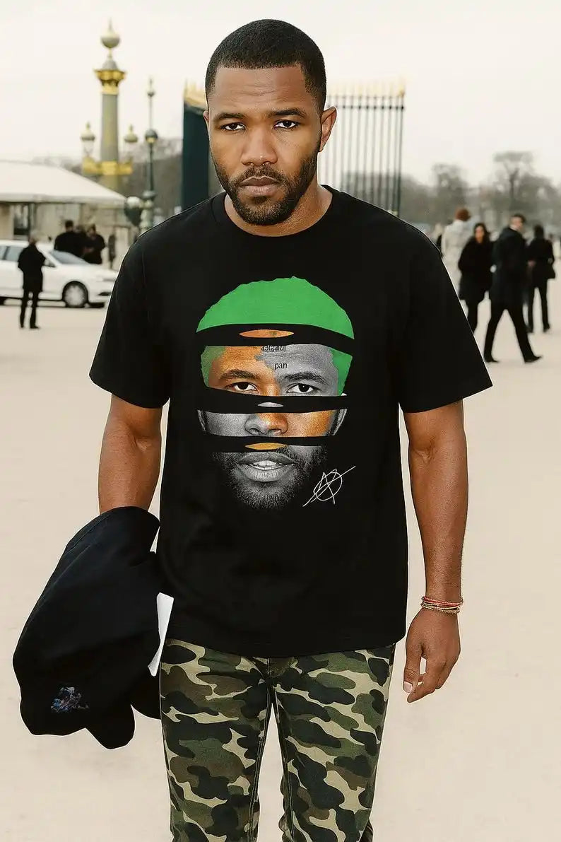 Black cotton rapper frank retro graphic t shirt with green black and gray hip hop ocean color blocking y2k unisex blond design