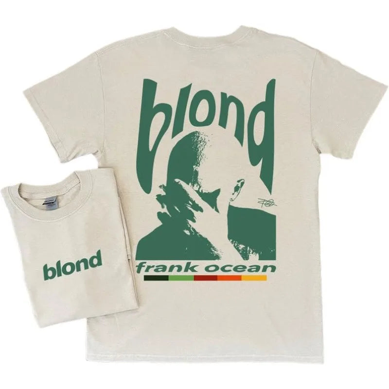 Cream-colored cotton short-sleeved t-shirt with bold green blond graphic and rainbow stripe rapper frank retro y2k unisex blond hip hop ocean
