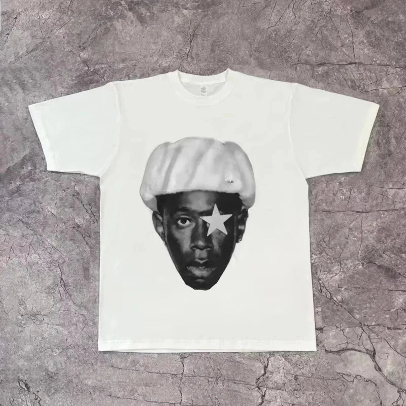 White cotton t-shirt with rapper frank retro black and white graphic of man wearing beret for y2k unisex blond hip hop ocean style