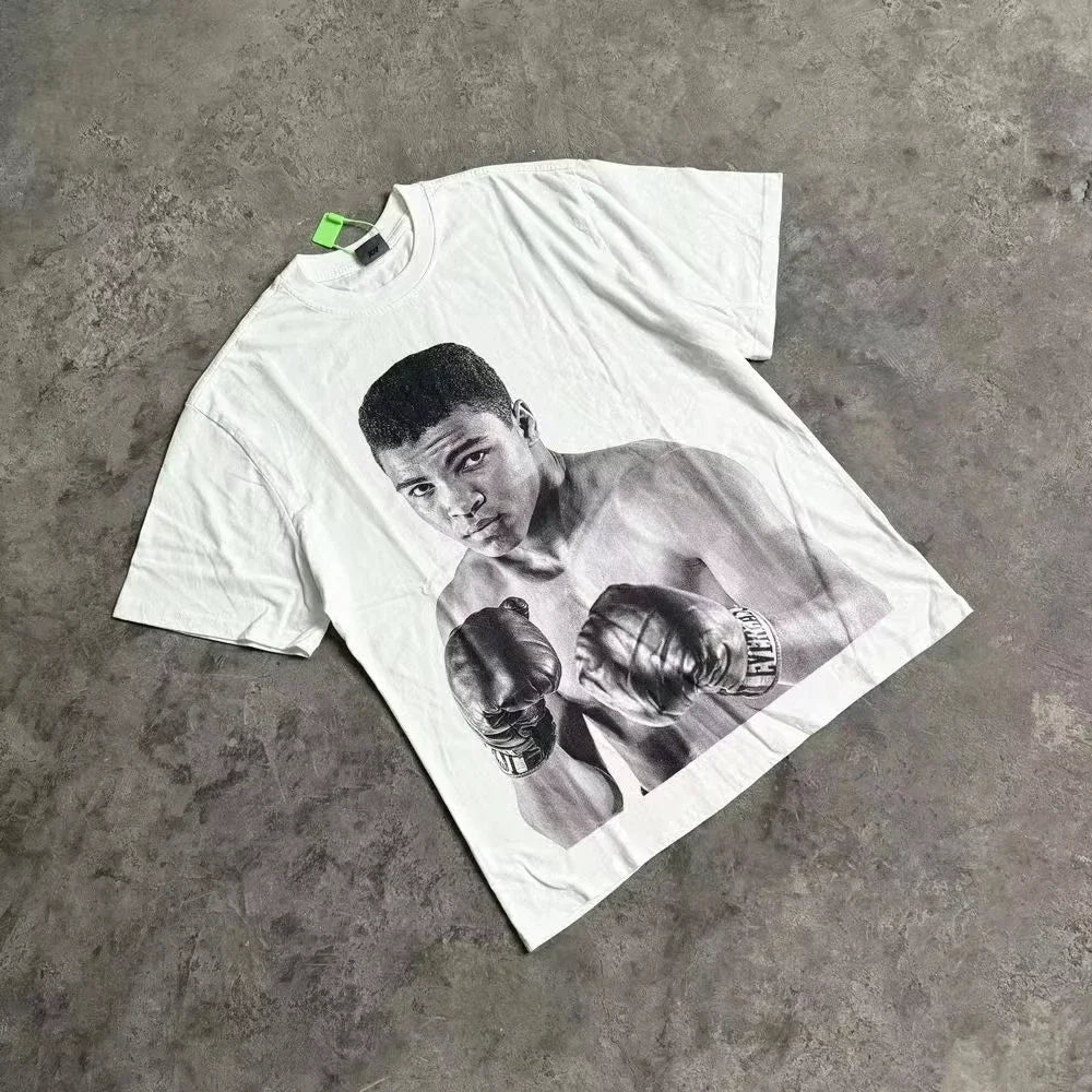 White cotton rapper frank retro t shirt featuring black and white muhammad ali graphic for hip hop ocean blond fashion oversized look