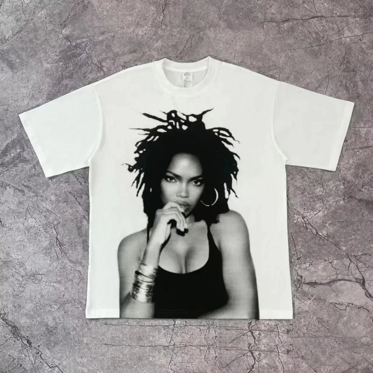 White cotton rapper frank retro t shirt with black and white graphic of woman with dreadlocks hip hop ocean style