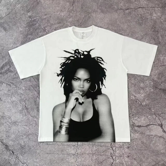 White cotton rapper frank retro t shirt with black and white graphic of woman with dreadlocks hip hop ocean style
