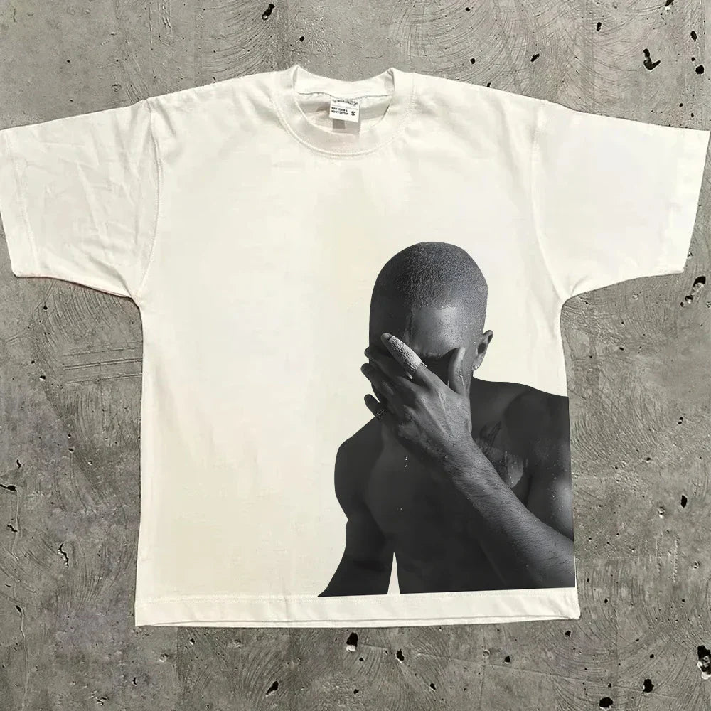 White cotton rapper frank retro t-shirt with black-and-white photo of man covering face hip hop ocean album design