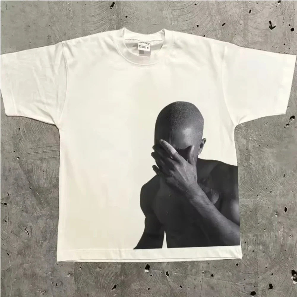 White cotton oversized t-shirt featuring rapper frank retro black and white photo from hop ocean album y2k unisex blond style