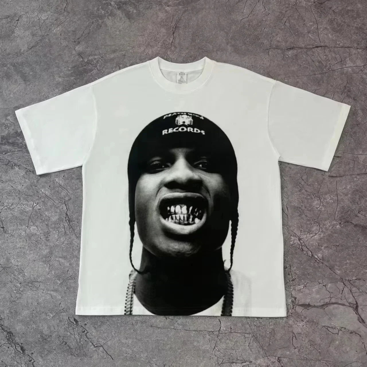White cotton rapper frank retro graphic t-shirt with black-and-white hip hop ocean blond fashion oversized print