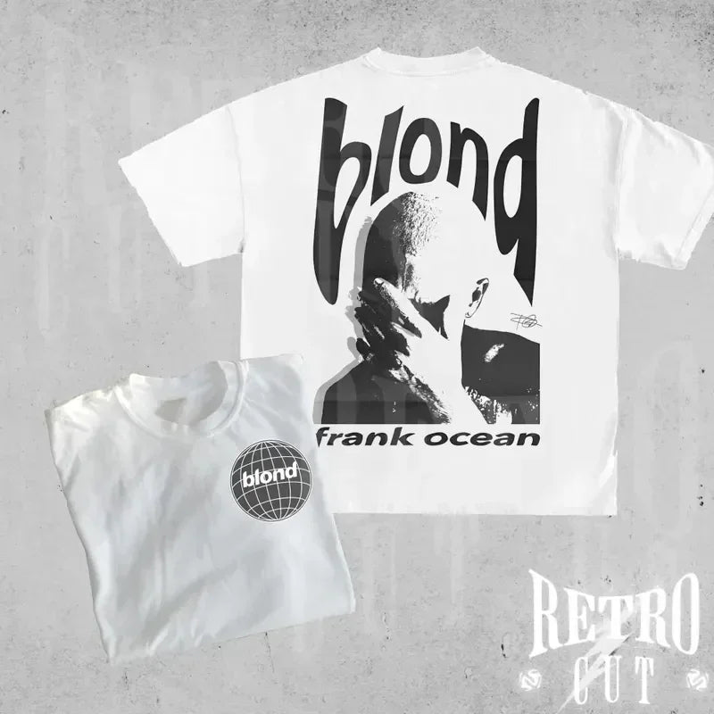 White cotton oversized t-shirt featuring rapper frank retro black graphic and blond lettering y2k unisex blond hip hop ocean style
