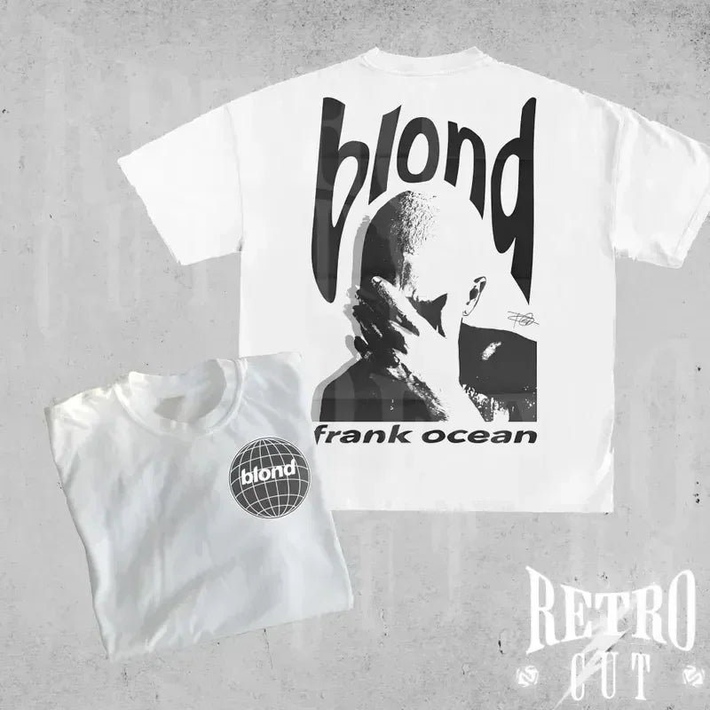 White cotton oversized t-shirt featuring rapper frank retro black graphic and blond fashion hip hop ocean design