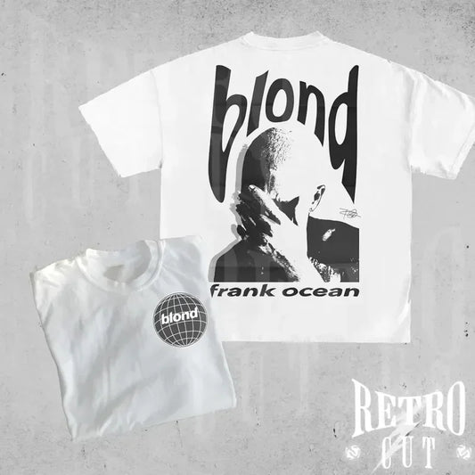 White oversized cotton t-shirt with black frank ocean graphic blond lettering by blond brand for hip hop fashion
