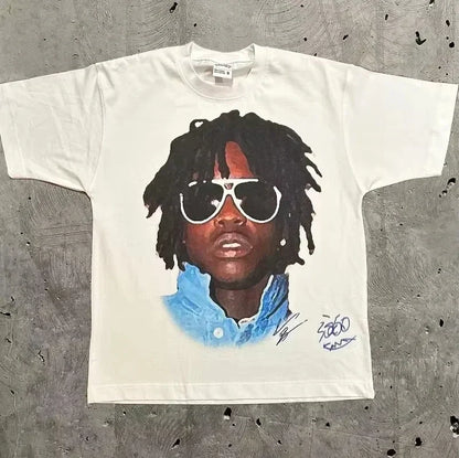 White cotton oversized t shirt featuring rapper frank portrait with dreadlocks and white sunglasses for hip hop fashion