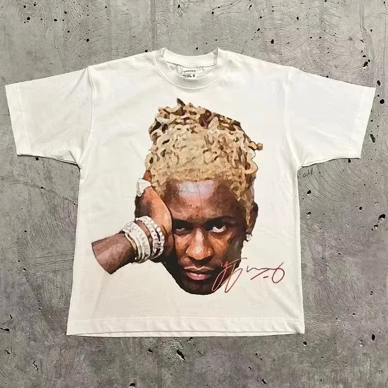 White cotton oversized t-shirt featuring rapper frank retro portrait with curly blond hair and hip hop ocean theme y2k unisex blond