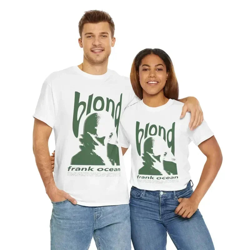 White cotton oversized t-shirt featuring a green rapper frank retro hip hop ocean blond album graphic design