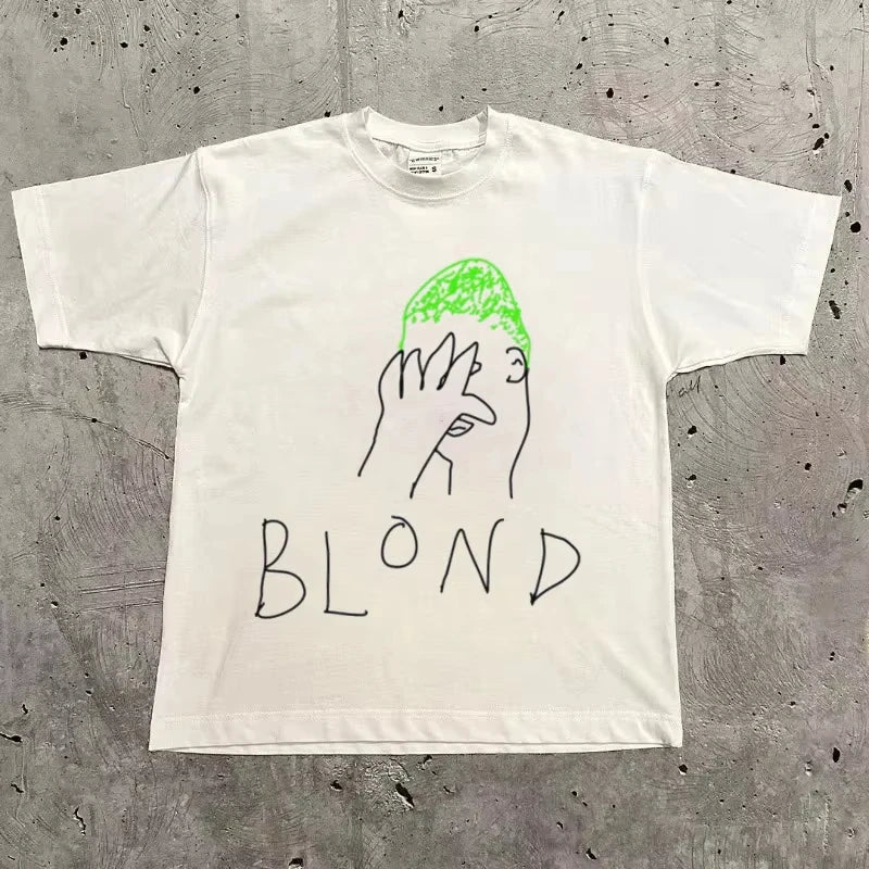 White cotton rapper frank retro graphic t shirt with hand drawn face green hair and y2k unisex blond lettering