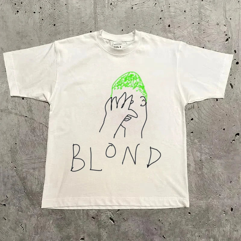 White cotton oversized t-shirt with hand-drawn graphic of person with green hair and blond lettering for hip hop fashion