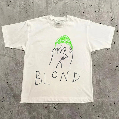 White cotton oversized t-shirt with hand-drawn graphic of person with green hair and blond lettering for hip hop fashion