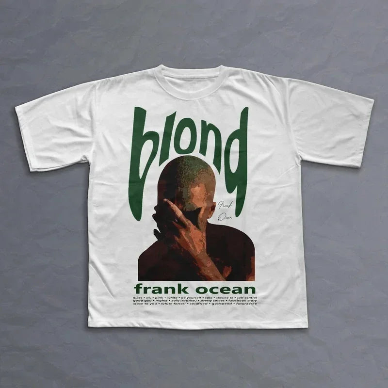 White cotton t-shirt with rapper frank retro graphic print of blond album cover in green for y2k unisex hip hop ocean style
