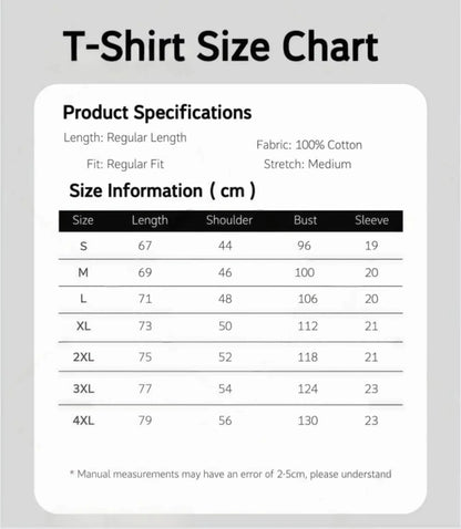 White t-shirt size chart with measurements in centimeters for rapper frank retro y2k unisex blond hip hop ocean cotton tee