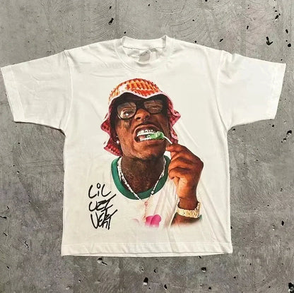 White cotton oversized t-shirt featuring vibrant lil uzi vert graphic with signature for hip hop ocean album style