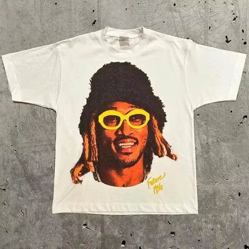 White cotton rapper frank retro t-shirt with vibrant hip hop ocean graphic of future wearing yellow sunglasses and black fur hat