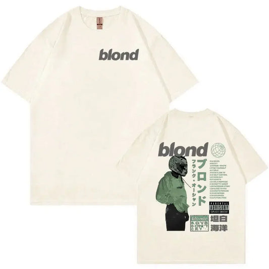 Cream-colored short-sleeved rapper frank retro t shirt with graphic print on back and blond branding for women hip hop ocean album clothing