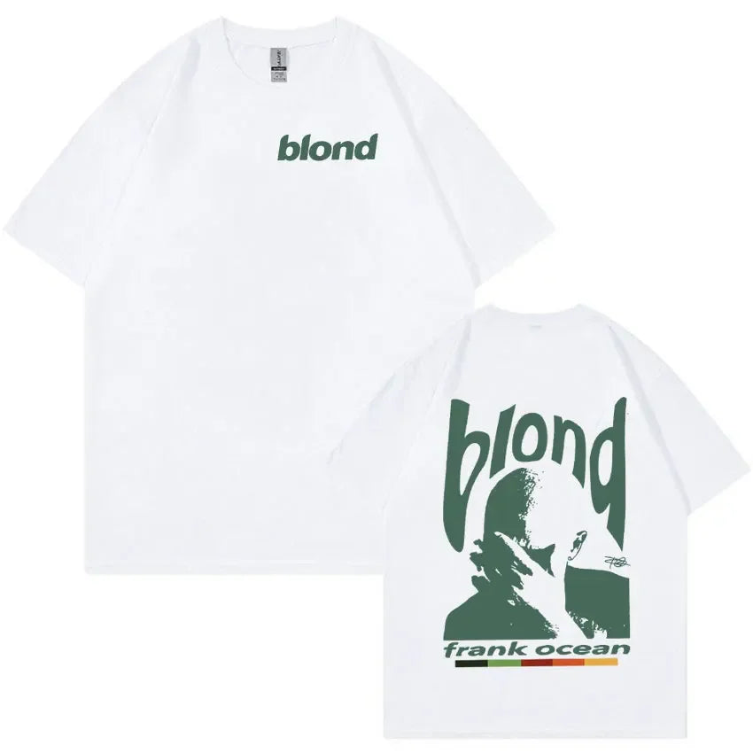 White short-sleeved t-shirt with green blond logo front and stylized rapper frank retro portrait back for ocean album clothing