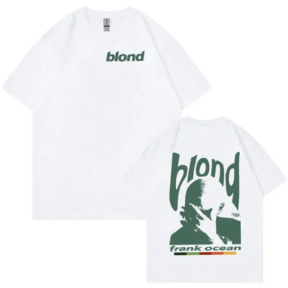 White short-sleeved t-shirt with green blond logo front and stylized frank ocean portrait back hip hop ocean album clothing