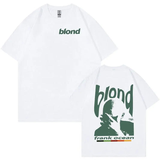 White short-sleeved t-shirt with green blond logo front and stylized frank ocean portrait back hip hop ocean album clothing