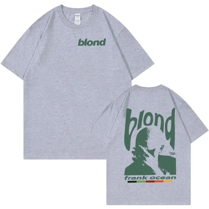 Gray heathered t-shirt with green blond logo and frank ocean silhouette for rapper frank retro hip hop ocean clothing