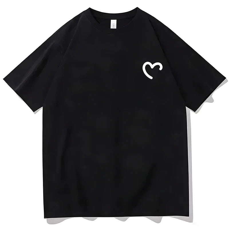 Black short-sleeved rapper frank retro t-shirt with minimalist white heart graphic for hip hop ocean album clothing