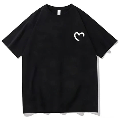 Black short-sleeved rapper frank retro t-shirt with minimalist white heart graphic for hip hop ocean album clothing