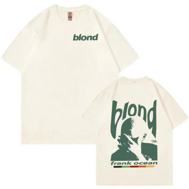 Cream-colored short-sleeve t-shirt featuring a green blond logo and rapper frank retro graphic on the back for hip hop ocean album clothing