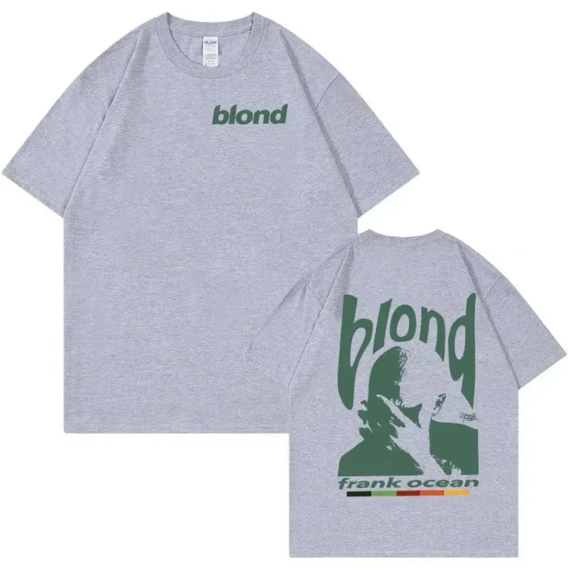 Gray heathered t-shirt with green blond logo front and rapper frank retro silhouette on back for ocean album clothing