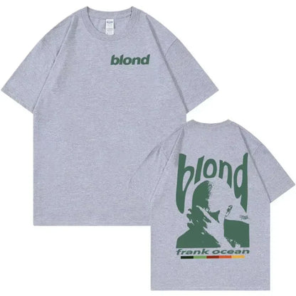 Gray heathered t-shirt with green blond logo front and rapper frank retro silhouette on back for ocean album clothing