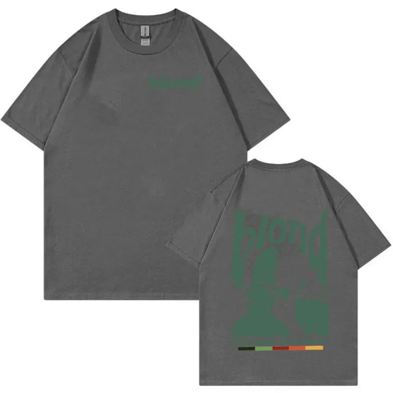 Gray short-sleeved rapper frank retro t shirt with faded green blond graphic and colorful stripe detail on back for women hip hop ocean album clothing